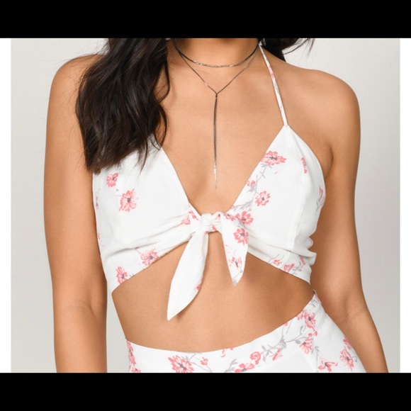 Tobi Tops - White Floral Print Tie Front Halter Crop Top